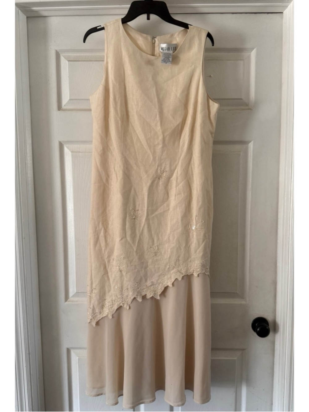 Vintage Megan Lee Womens Beaded Embroidered Linen Rayon Maxi Dress Size 12 Cream